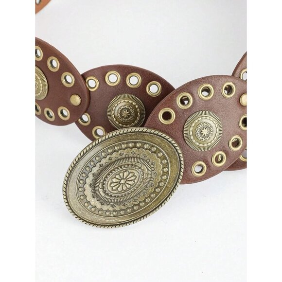Women\'s Wide Western Disc Belt Vintage Cowgirl Concho Leather Belts Boho Style main image 6